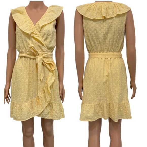 LC Lauren Conrad small eyelet faux wrap ruffle belted dress D4 2411 - Picture 1 of 12